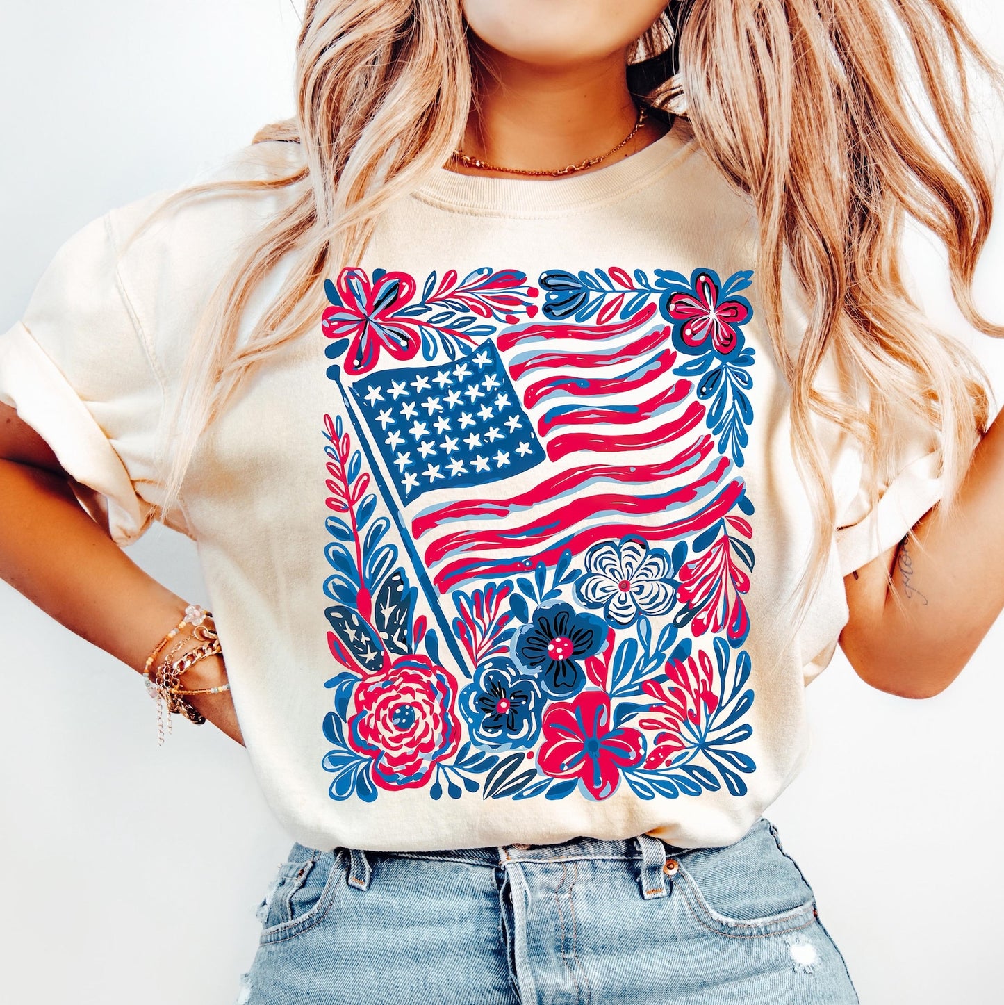 American Flag Floral Tee D-1200