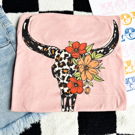 Peach Leopard Bullskull Graphic Tee