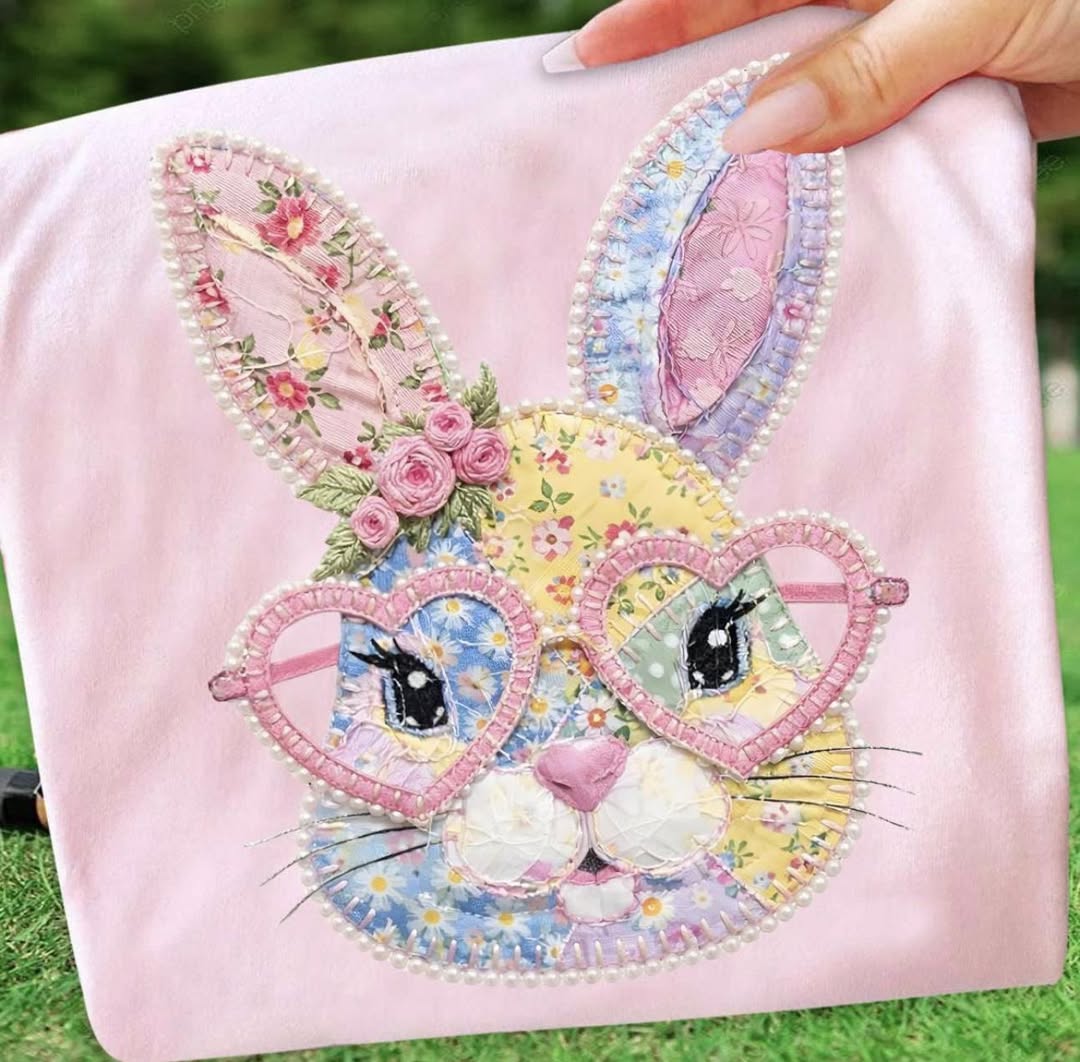 Patchwork Bunny Face With Glasses Graphic Tee