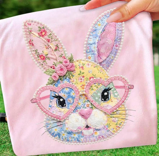 Patchwork Bunny Face With Glasses Graphic Tee