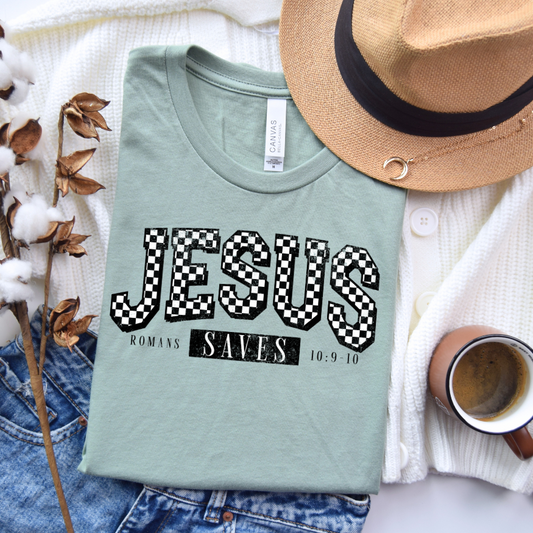 Checkered Jesus Saves Graphic Tee D-1105