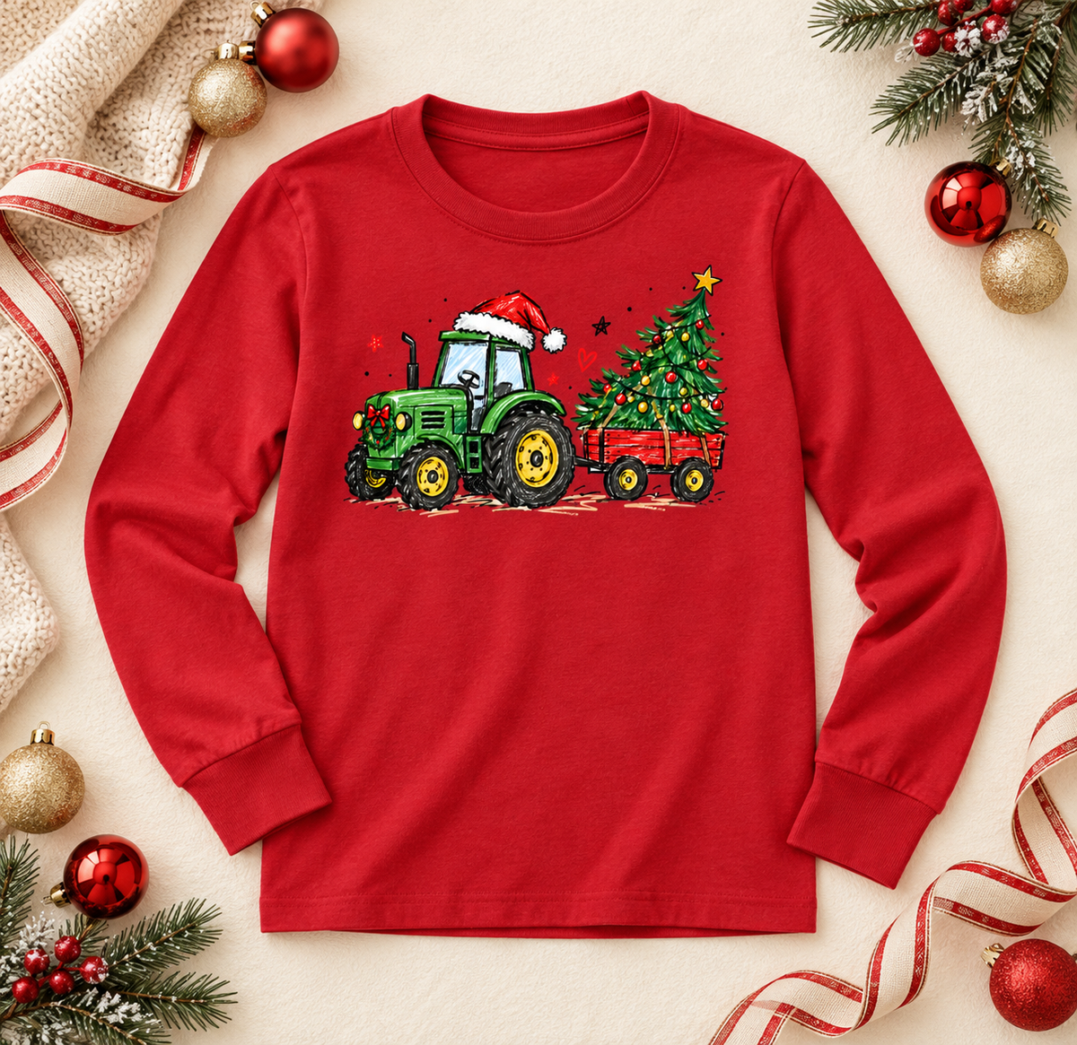 Christmas Tractor Kids Long Sleeve Tee