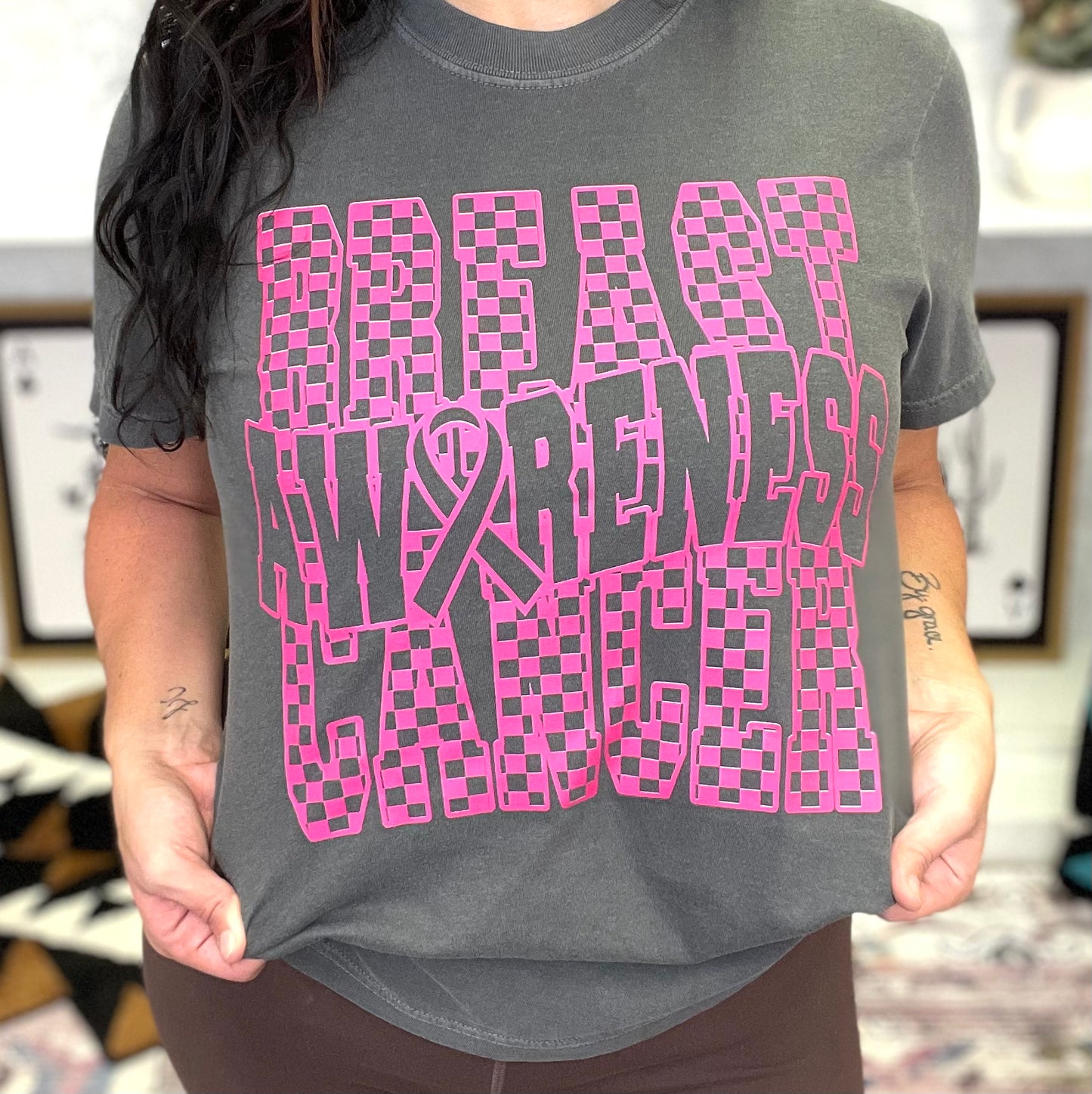 Checkered Breast Cancer Awareness Graphic Tee