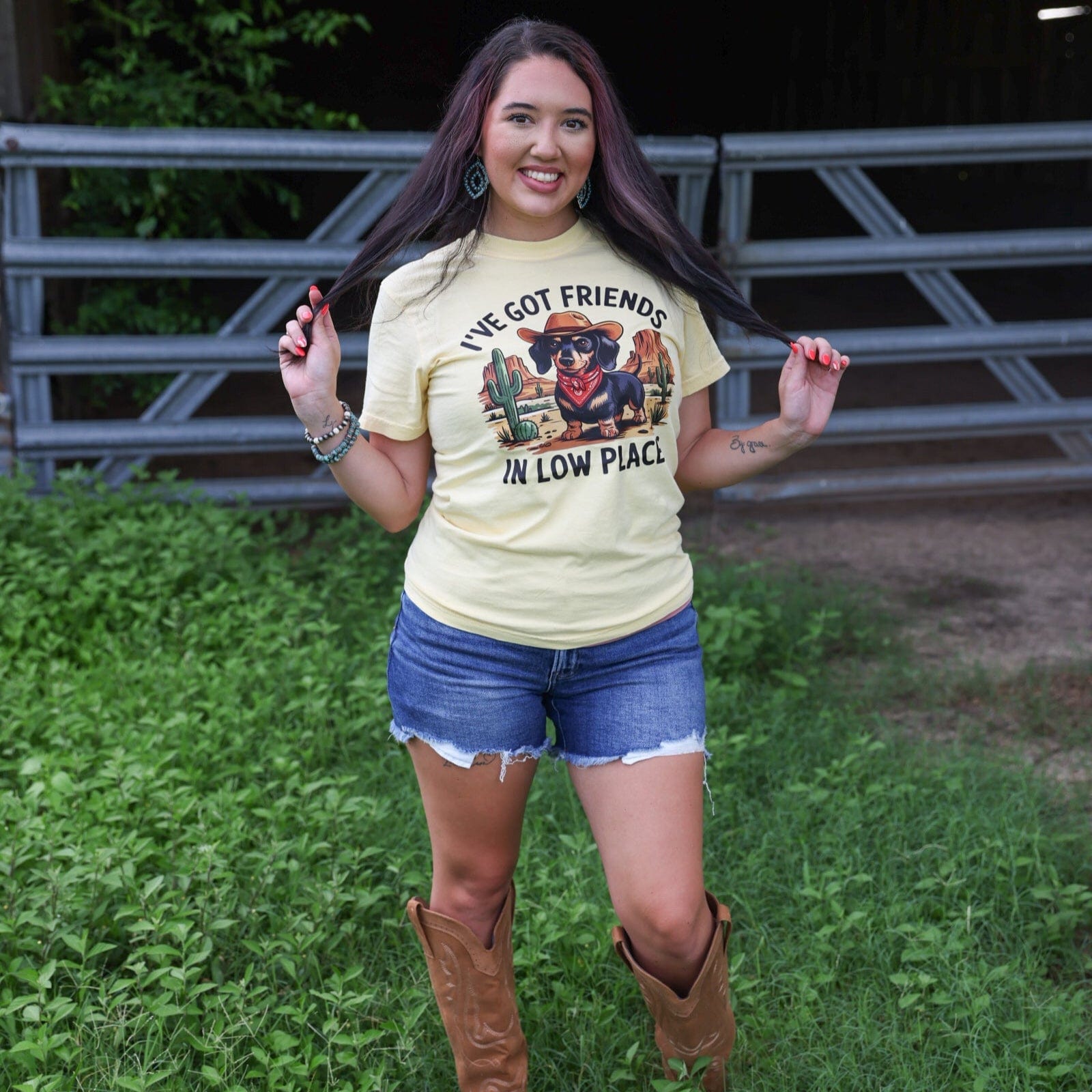 FestiviTees Women - Apparel - Shirts - T-Shirts Friends in Low Places Cowboy Dog Soft Graphic Tee
