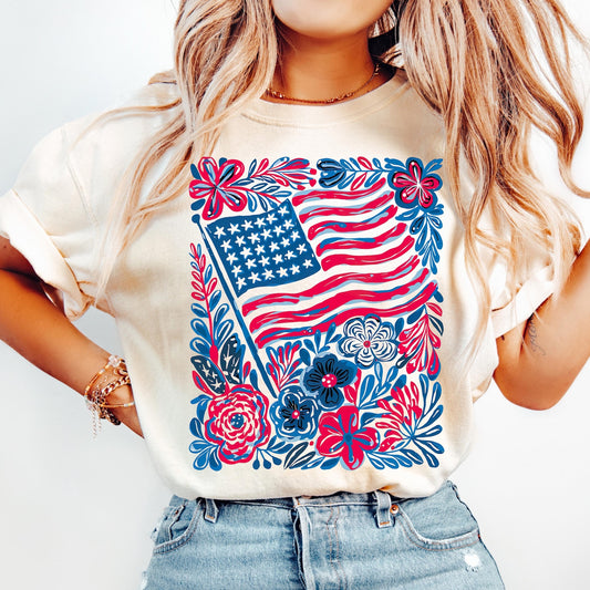 American Flag Floral Tee D-1200